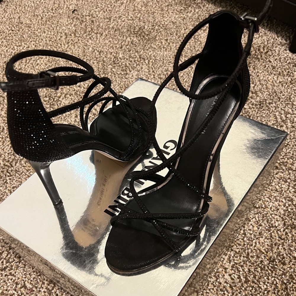 Gianni Bini Anselle black strappy rhinestone heeled sandals